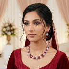 American Diamond Silver Plated Ruby Red Bridal Jewellery Set - 2-Piece Necklace & Earrings