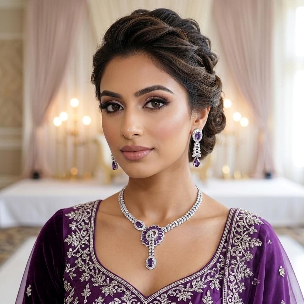 American Diamond Silver Plated Royal Purple Bridal Jewellery Set - 2-Piece Necklace & Earrings