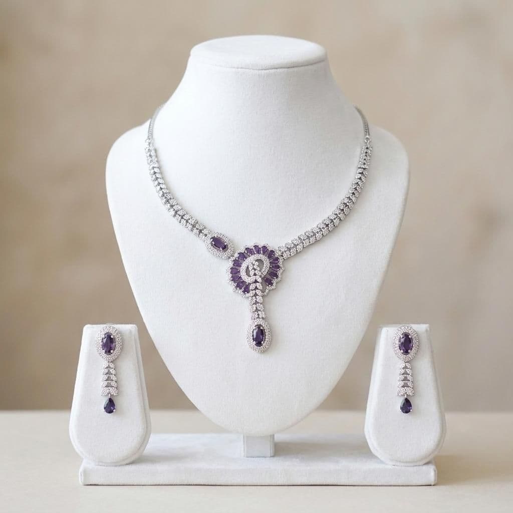 American Diamond Silver Plated Royal Purple Bridal Jewellery Set - 2-Piece Necklace & Earrings