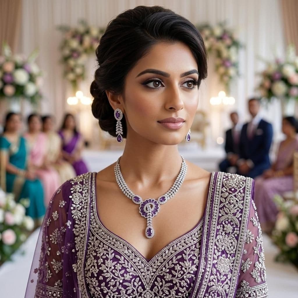 American Diamond Silver Plated Royal Purple Bridal Jewellery Set - 2-Piece Necklace & Earrings