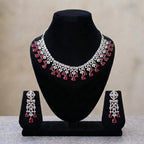 American Diamond Silver Plated Royal Red Bridal Jewellery Set - 2-Piece Necklace & Earrings