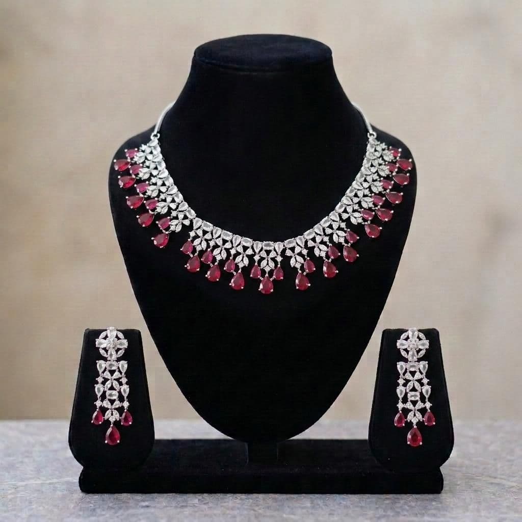 American Diamond Silver Plated Royal Red Bridal Jewellery Set - 2-Piece Necklace & Earrings