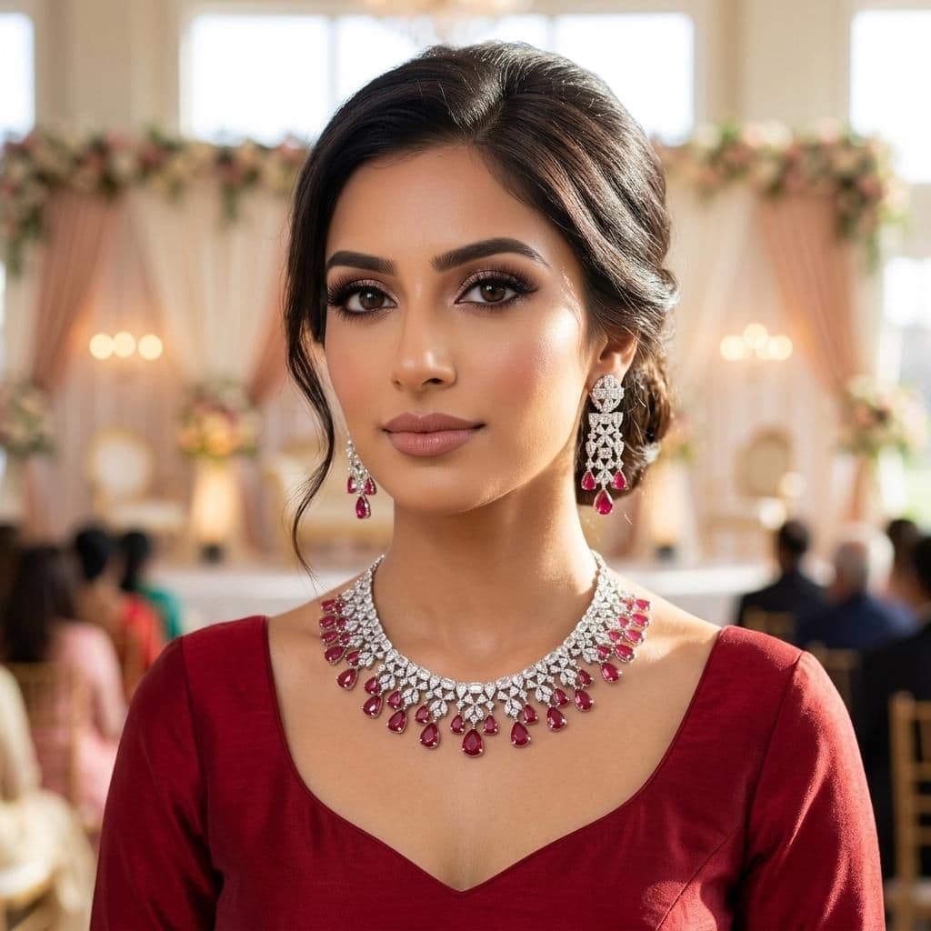 American Diamond Silver Plated Royal Red Bridal Jewellery Set - 2-Piece Necklace & Earrings