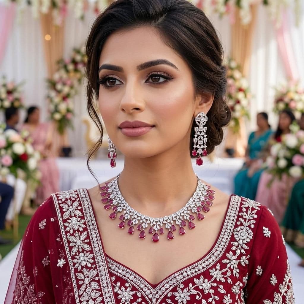 American Diamond Silver Plated Royal Red Bridal Jewellery Set - 2-Piece Necklace & Earrings