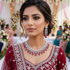 American Diamond Silver Plated Royal Red Bridal Jewellery Set - 2-Piece Necklace & Earrings