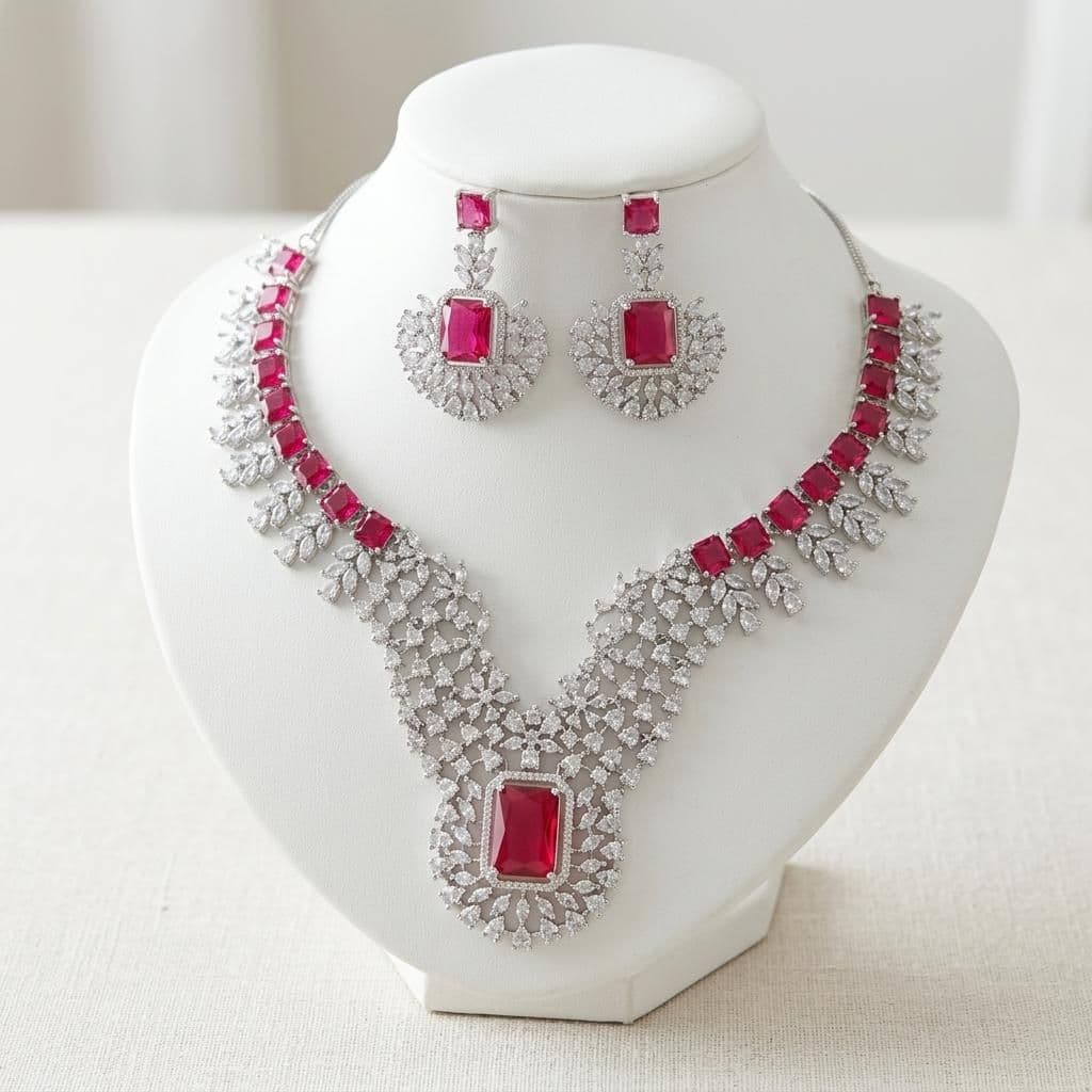 American Diamond Silver Plated Ruby Red Bridal Jewellery Set - 2-Piece Necklace & Earrings