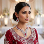 American Diamond Silver Plated Ruby Red Bridal Jewellery Set - 2-Piece Necklace & Earrings