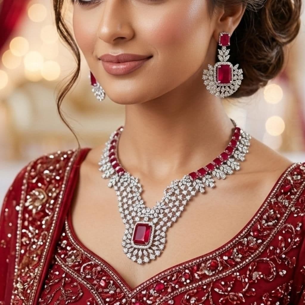 American Diamond Silver Plated Ruby Red Bridal Jewellery Set - 2-Piece Necklace & Earrings