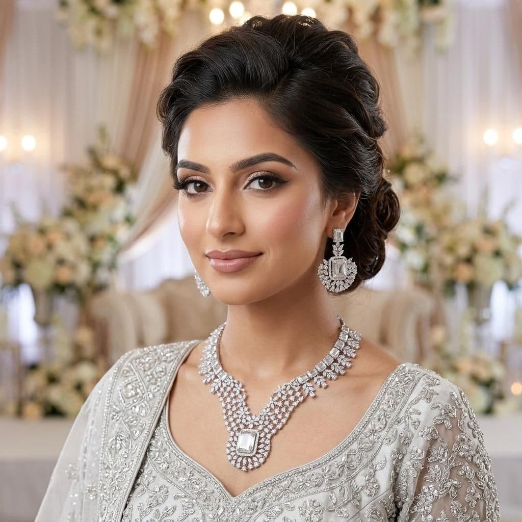 American Diamond Silver Plated Silver Bridal Jewellery Set - 2-Piece Necklace & Earrings