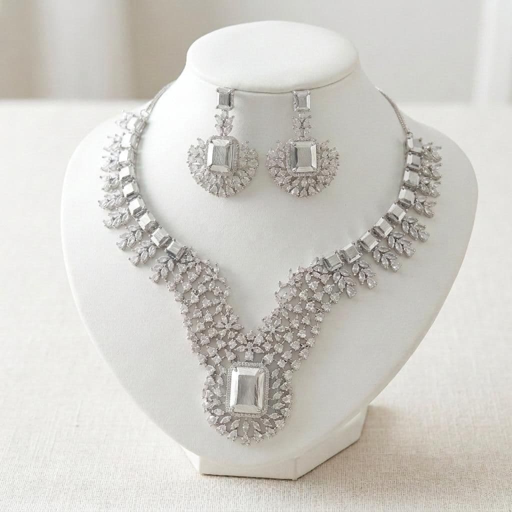 American Diamond Silver Plated Silver Bridal Jewellery Set - 2-Piece Necklace & Earrings