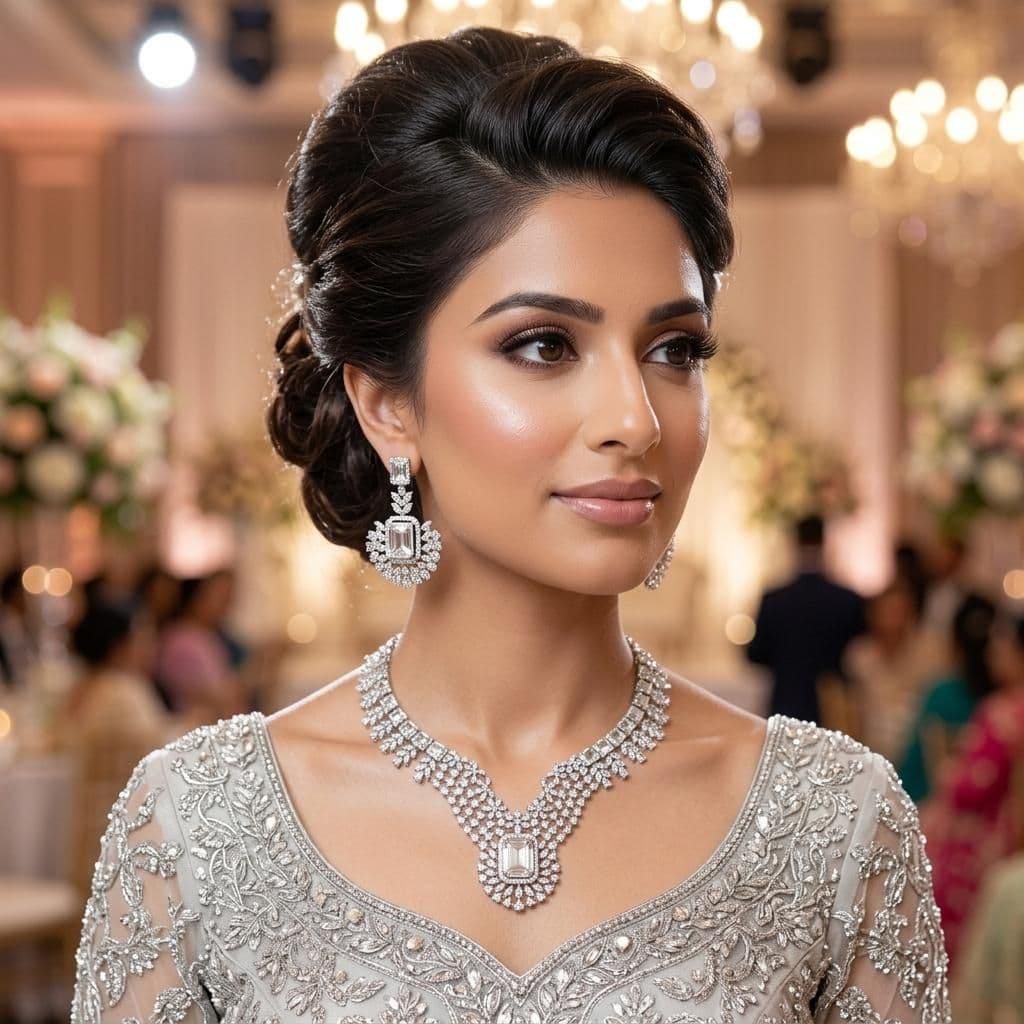 American Diamond Silver Plated Silver Bridal Jewellery Set - 2-Piece Necklace & Earrings
