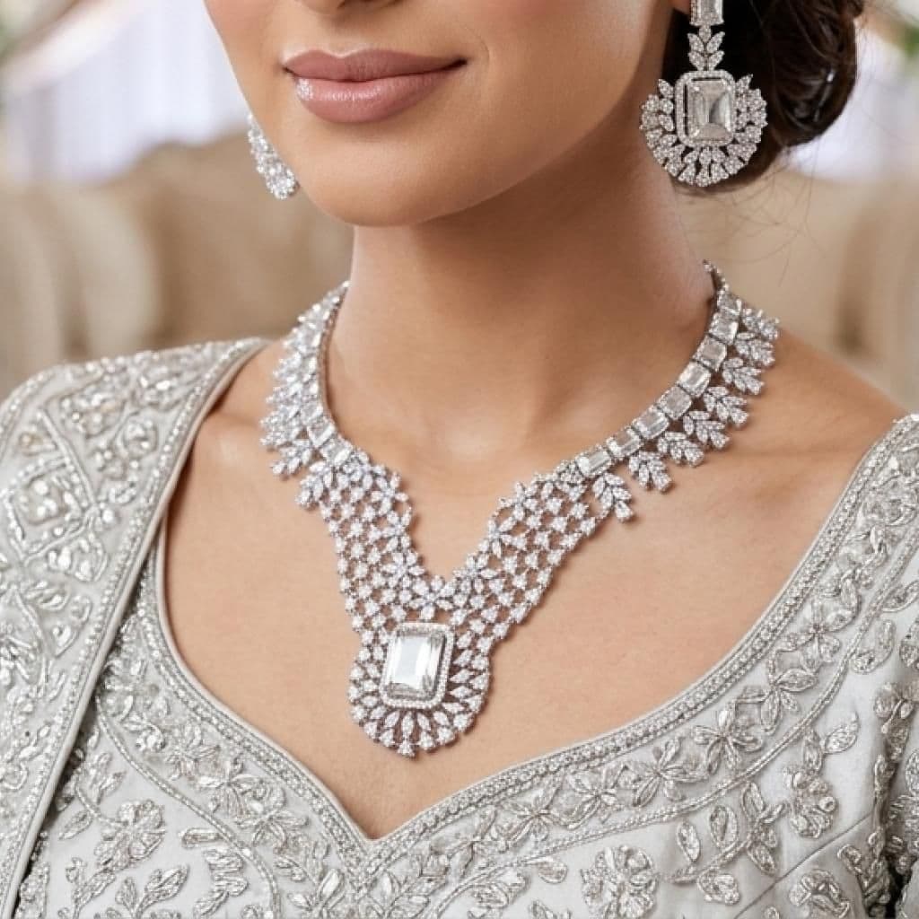 American Diamond Silver Plated Silver Bridal Jewellery Set - 2-Piece Necklace & Earrings