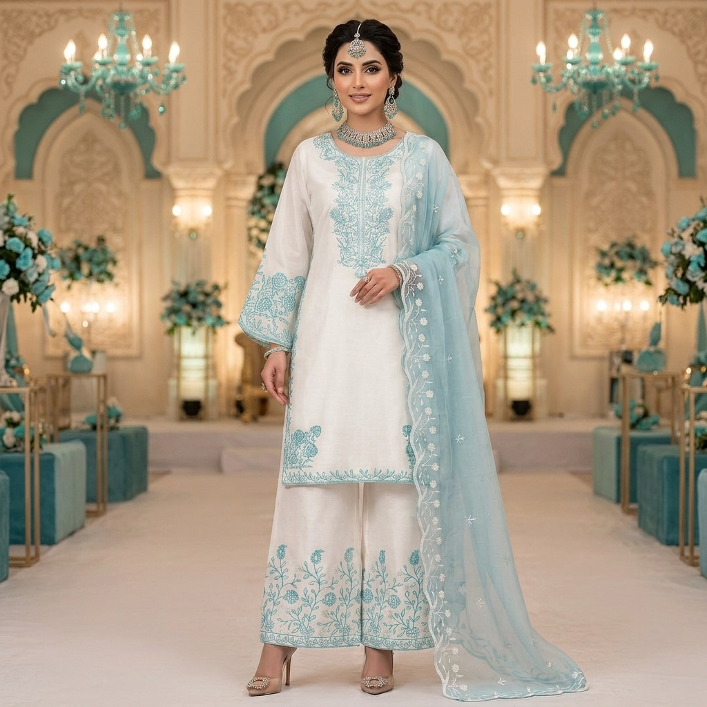 Premium Cotton Silk Palazzo Indian Pakistani 3-Piece Suit Set - Embroidered Top, Wide Leg Palazzo & Soft Organza Dupatta