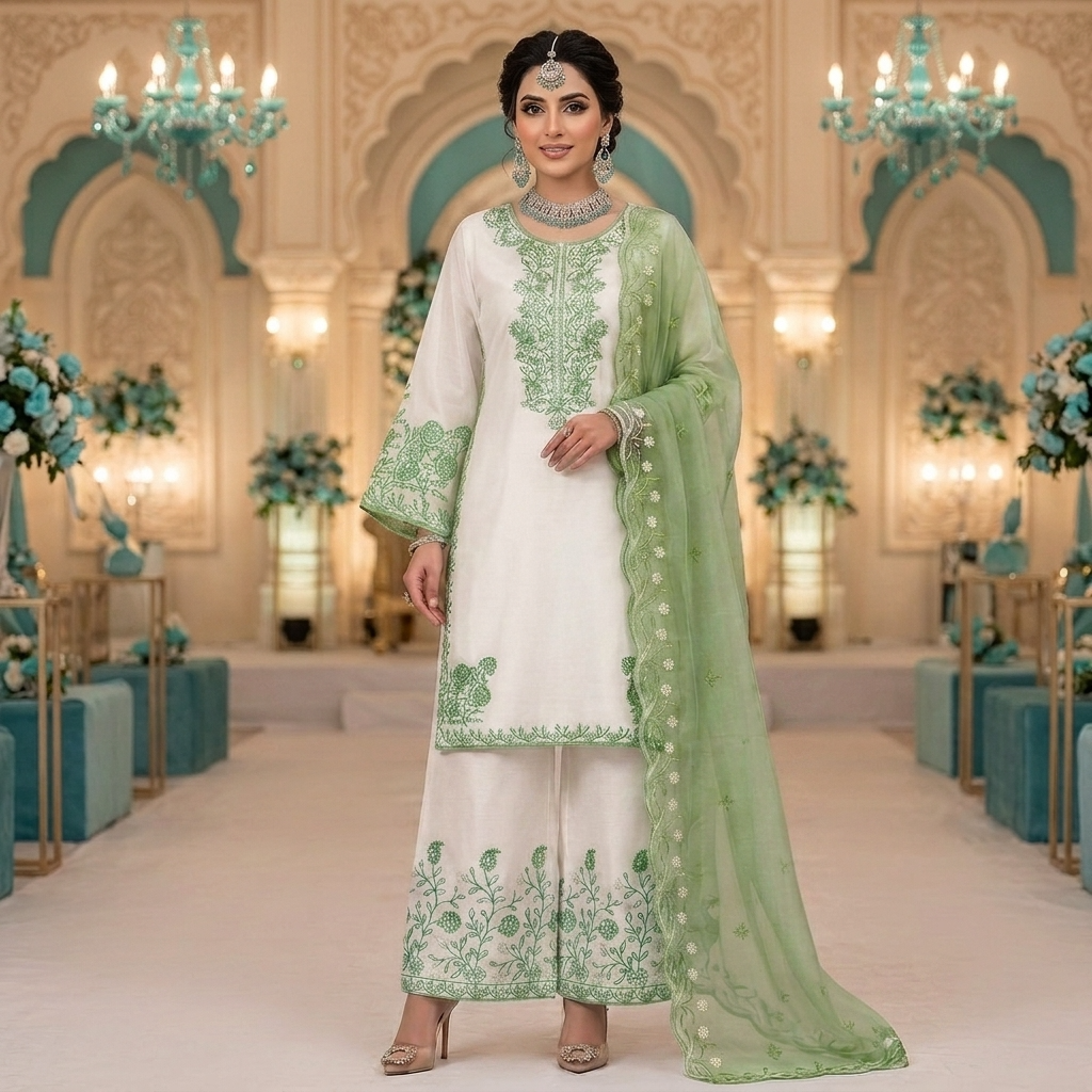 Premium Cotton Silk Palazzo Indian Pakistani 3-Piece Suit Set - Embroidered Top, Wide Leg Palazzo & Soft Organza Dupatta