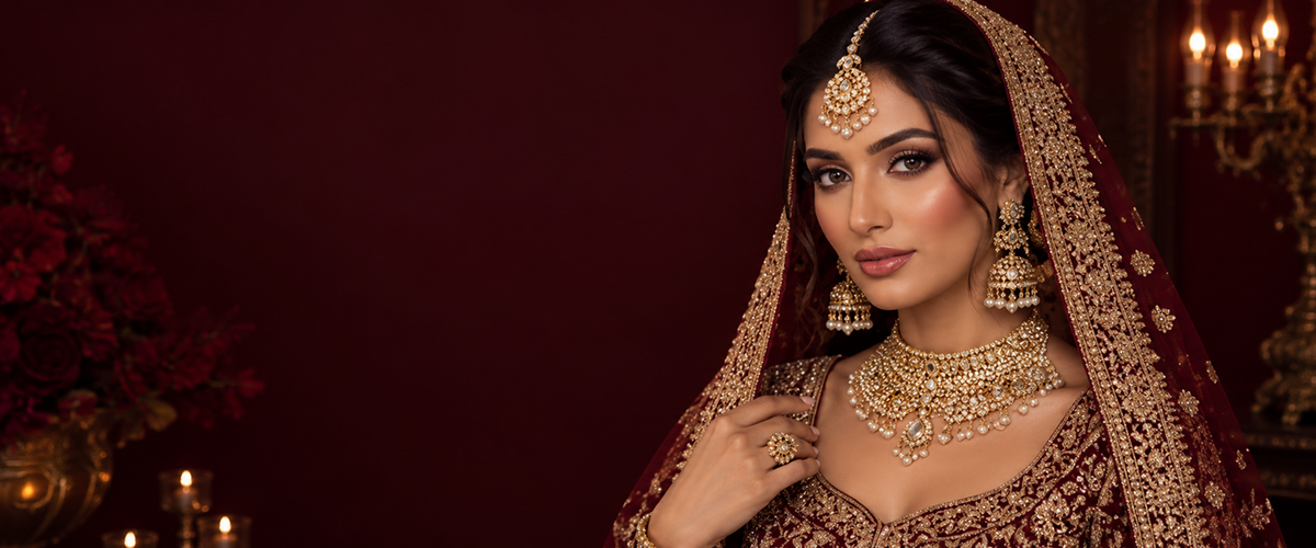 A woman wearing traditional Indian bridal jewelry and an embroidered maroon and gold lehenga, posed against a dark maroon background with decorative flowers and candles.