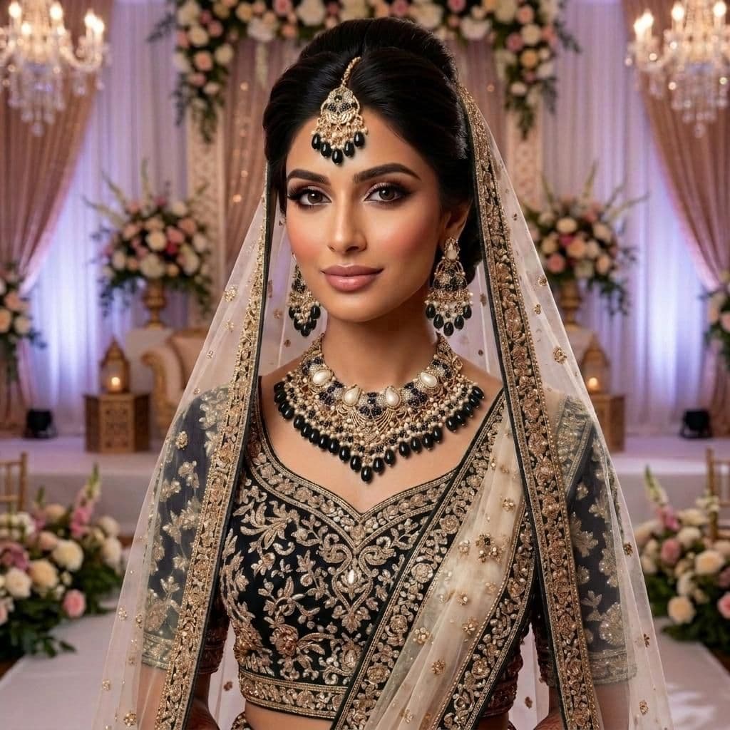 Kundan Antique Gold Plated Black Bridal Jewellery Set - 3-Piece Necklace, Earrings & Tikka