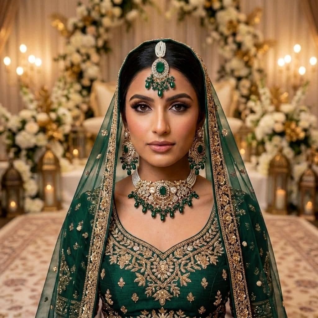Kundan Antique Gold Plated Green Choker Bridal Jewellery Set - 3-Piece Necklace, Earrings & Tikka