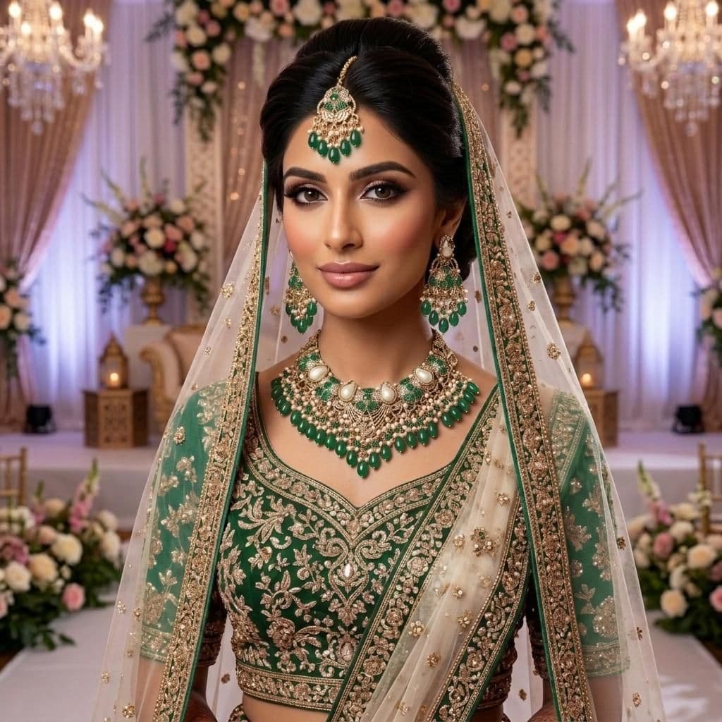 Kundan Antique Gold Plated Green Bridal Jewellery Set - 3-Piece Necklace, Earrings & Tikka