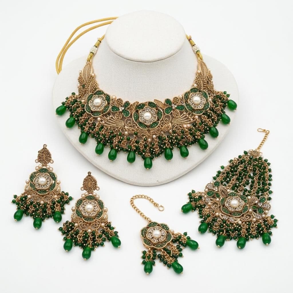 Gold and green traditional Indian jewelry set including a choker necklace, matching earrings, a maang tikka, and a bangle, displayed on a white background.