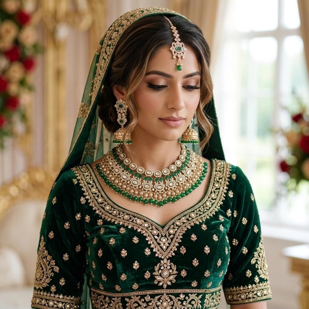 Kundan Gold Plated Green & Peach Bridal Jewellery Set - 3-Piece Necklace, Earrings & Tikka