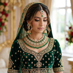 Kundan Gold Plated Green & Peach Bridal Jewellery Set - 3-Piece Necklace, Earrings & Tikka