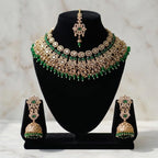 Kundan Gold Plated Green & Peach Bridal Jewellery Set - 3-Piece Necklace, Earrings & Tikka