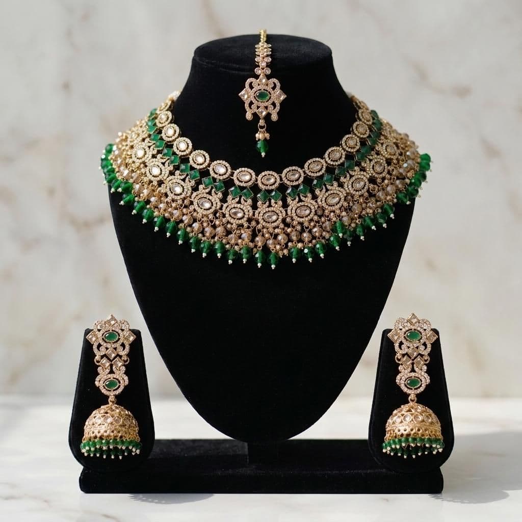 Kundan Gold Plated Green & Peach Bridal Jewellery Set - 3-Piece Necklace, Earrings & Tikka