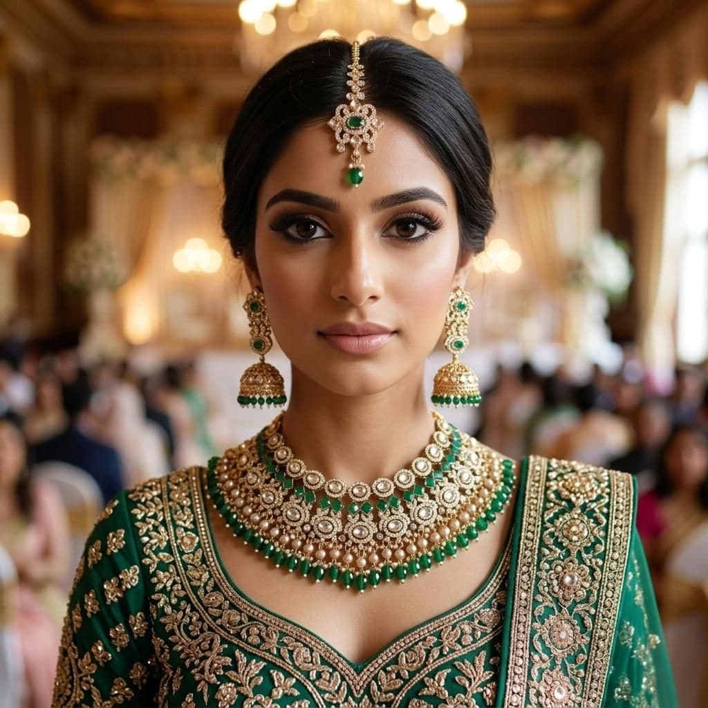 Kundan Gold Plated Green & Peach Bridal Jewellery Set - 3-Piece Necklace, Earrings & Tikka