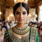 Kundan Gold Plated Green & Peach Bridal Jewellery Set - 3-Piece Necklace, Earrings & Tikka