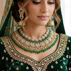 Kundan Gold Plated Green & Peach Bridal Jewellery Set - 3-Piece Necklace, Earrings & Tikka