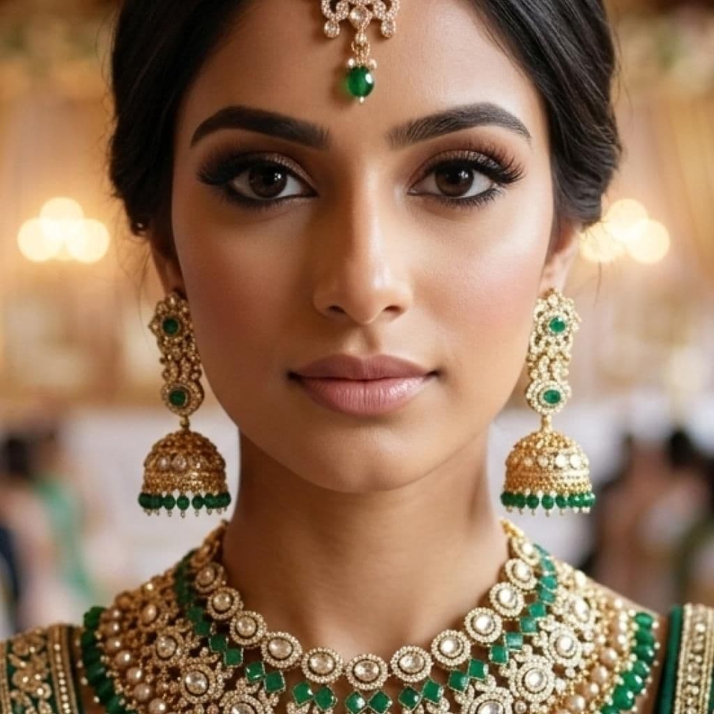 Kundan Gold Plated Green & Peach Bridal Jewellery Set - 3-Piece Necklace, Earrings & Tikka