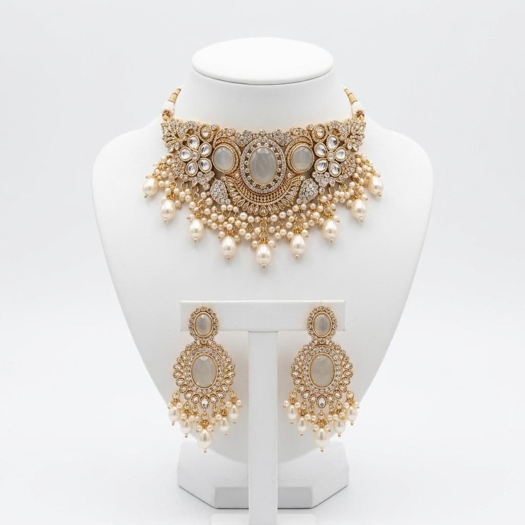 Kundan Antique Gold Plated Ivory Choker Bridal Jewellery Set - 2-Piece Necklace & Earrings