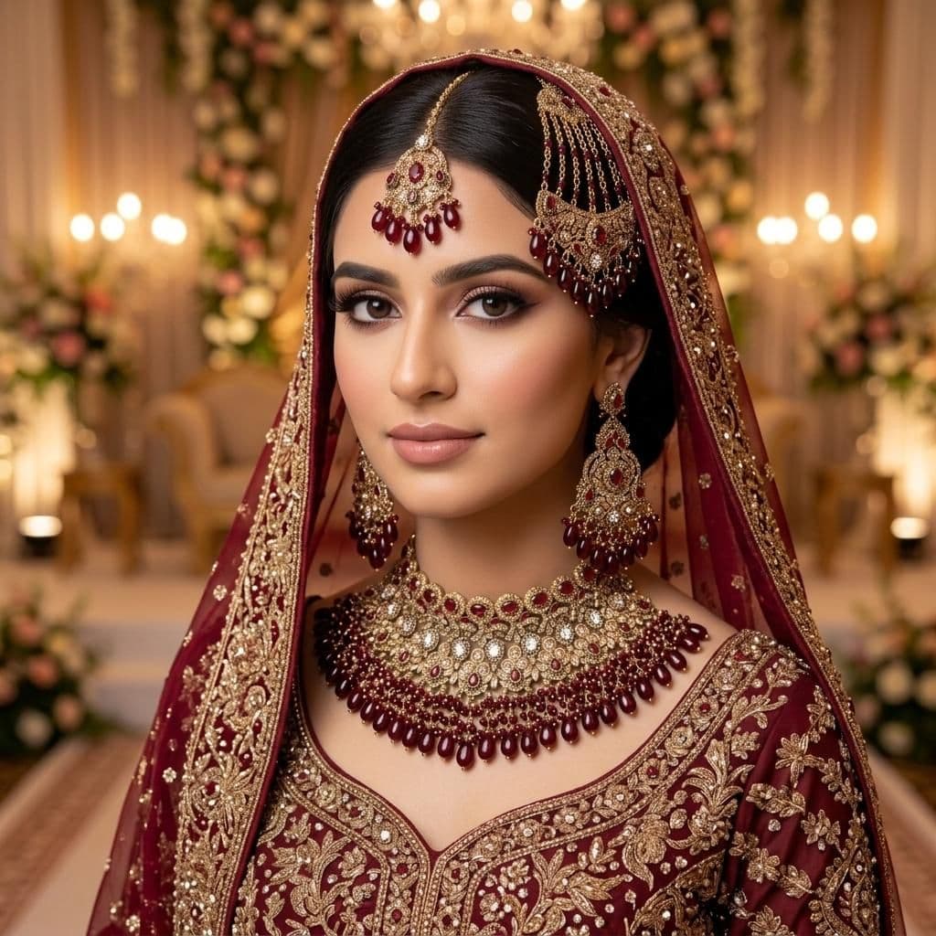 Kundan Antique Gold Plated Maroon Bridal Jewellery Set - 4-Piece Necklace, Earrings, Tikka & Passa
