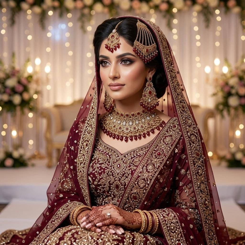 Kundan Antique Gold Plated Maroon Bridal Jewellery Set - 4-Piece Necklace, Earrings, Tikka & Passa