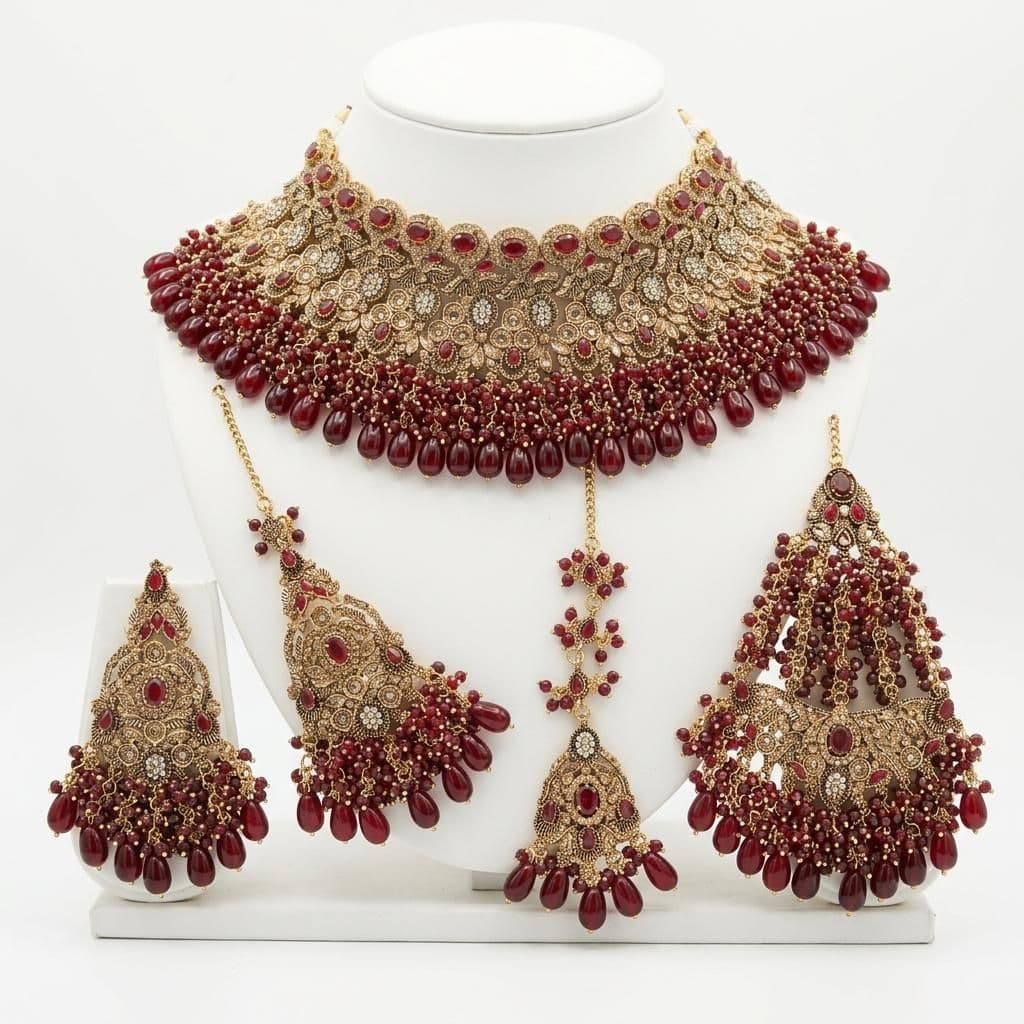 Kundan Antique Gold Plated Maroon Bridal Jewellery Set - 4-Piece Necklace, Earrings, Tikka & Passa