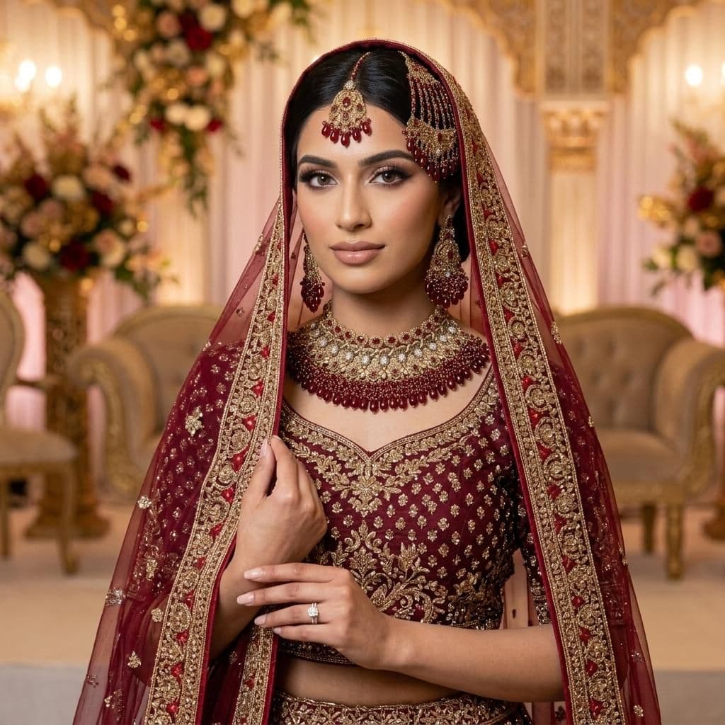Kundan Antique Gold Plated Maroon Bridal Jewellery Set - 4-Piece Necklace, Earrings, Tikka & Passa