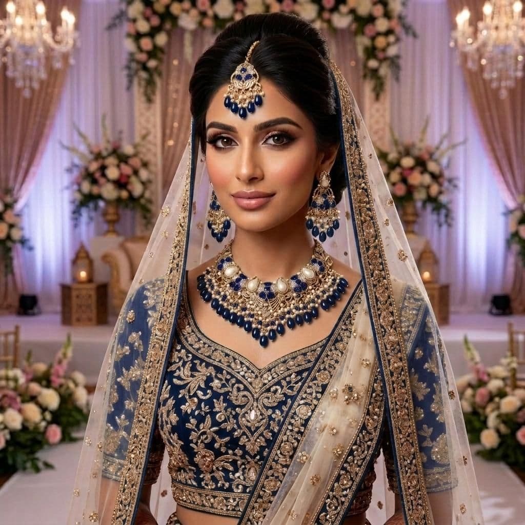 Kundan Antique Gold Plated Midnight Blue Bridal Jewellery Set - 3-Piece Necklace, Earrings & Tikka