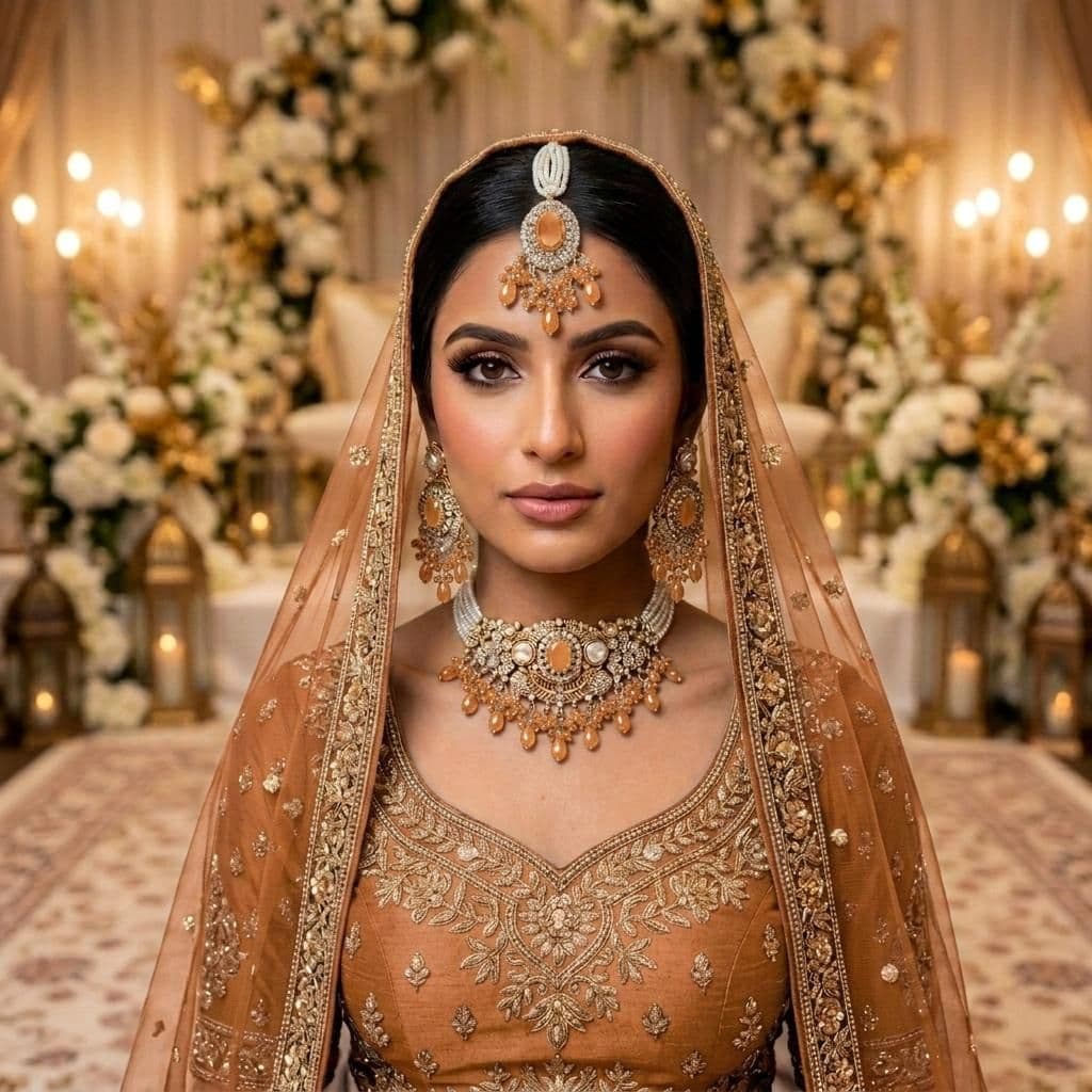Kundan Antique Gold Plated Peach Choker Bridal Jewellery Set - 3-Piece Necklace, Earrings & Tikka