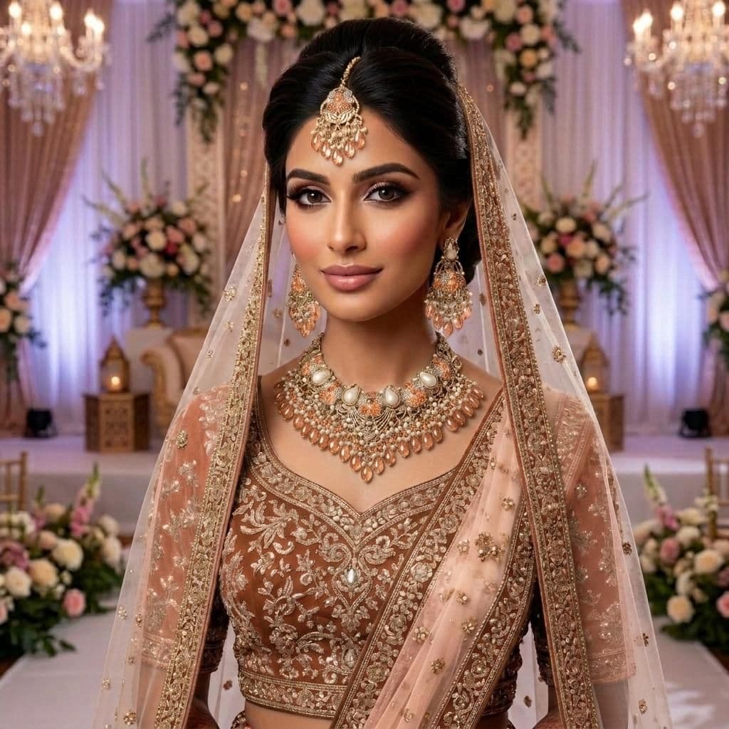 Kundan Antique Gold Plated Peach Bridal Jewellery Set - 3-Piece Necklace, Earrings & Tikka