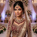Kundan Antique Gold Plated Ruby Red Bridal Jewellery Set - 3-Piece Necklace, Earrings & Tikka