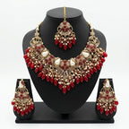 Kundan Antique Gold Plated Ruby Red Bridal Jewellery Set - 3-Piece Necklace, Earrings & Tikka