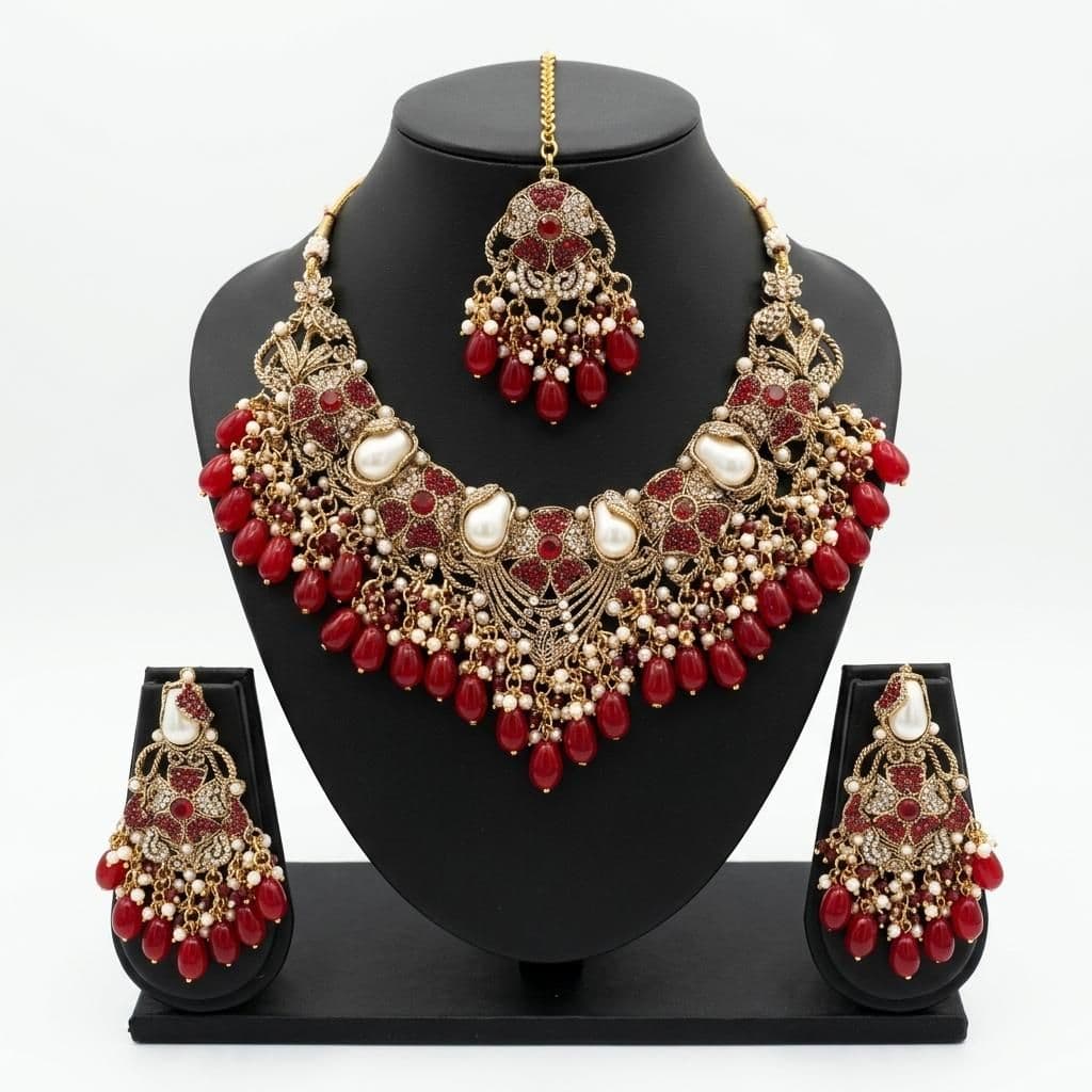 Kundan Antique Gold Plated Ruby Red Bridal Jewellery Set - 3-Piece Necklace, Earrings & Tikka