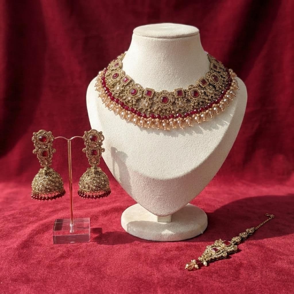 Kundan Antique Gold Plated Ruby Red & Silver Bridal Jewellery Set - 3-Piece Necklace, Earrings & Tikka