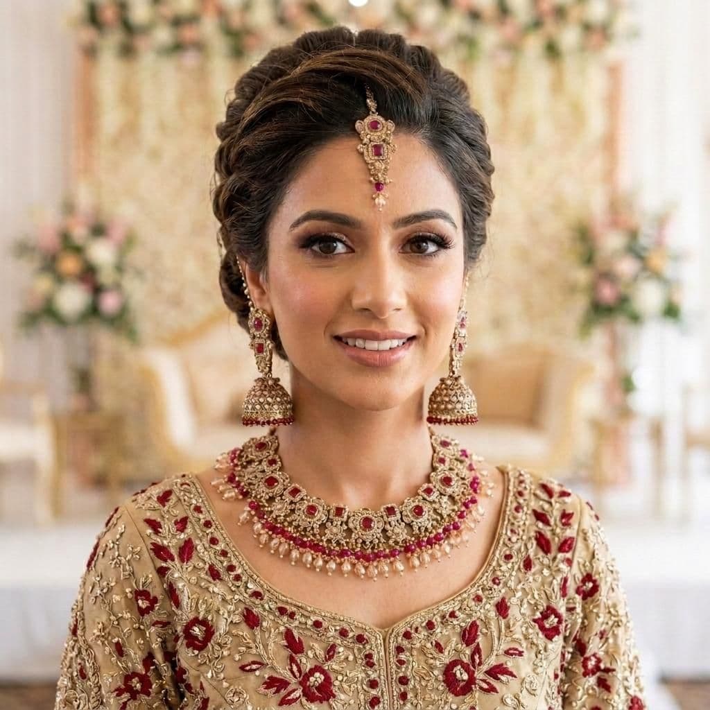 Kundan Antique Gold Plated Ruby Red & Silver Bridal Jewellery Set - 3-Piece Necklace, Earrings & Tikka