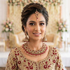 Kundan Antique Gold Plated Ruby Red & Silver Bridal Jewellery Set - 3-Piece Necklace, Earrings & Tikka