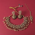 Kundan Antique Gold Plated Ruby Red & Silver Bridal Jewellery Set - 3-Piece Necklace, Earrings & Tikka