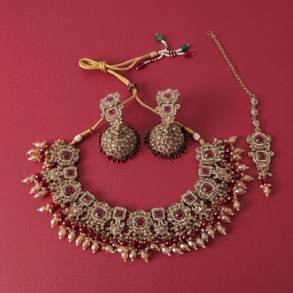 Kundan Antique Gold Plated Ruby Red & Silver Bridal Jewellery Set - 3-Piece Necklace, Earrings & Tikka