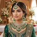 Kundan Gold Plated Emerald Green Bridal Jewellery Set - 3-Piece Necklace, Earrings & Tikka
