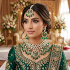 Kundan Gold Plated Emerald Green Bridal Jewellery Set - 3-Piece Necklace, Earrings & Tikka