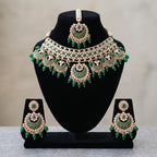 Kundan Gold Plated Emerald Green Bridal Jewellery Set - 3-Piece Necklace, Earrings & Tikka